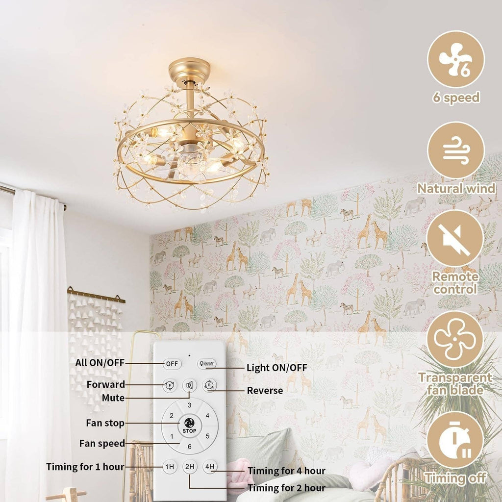 20 Inch Fandelier: Gold Caged Flower Ceiling Fan With Light