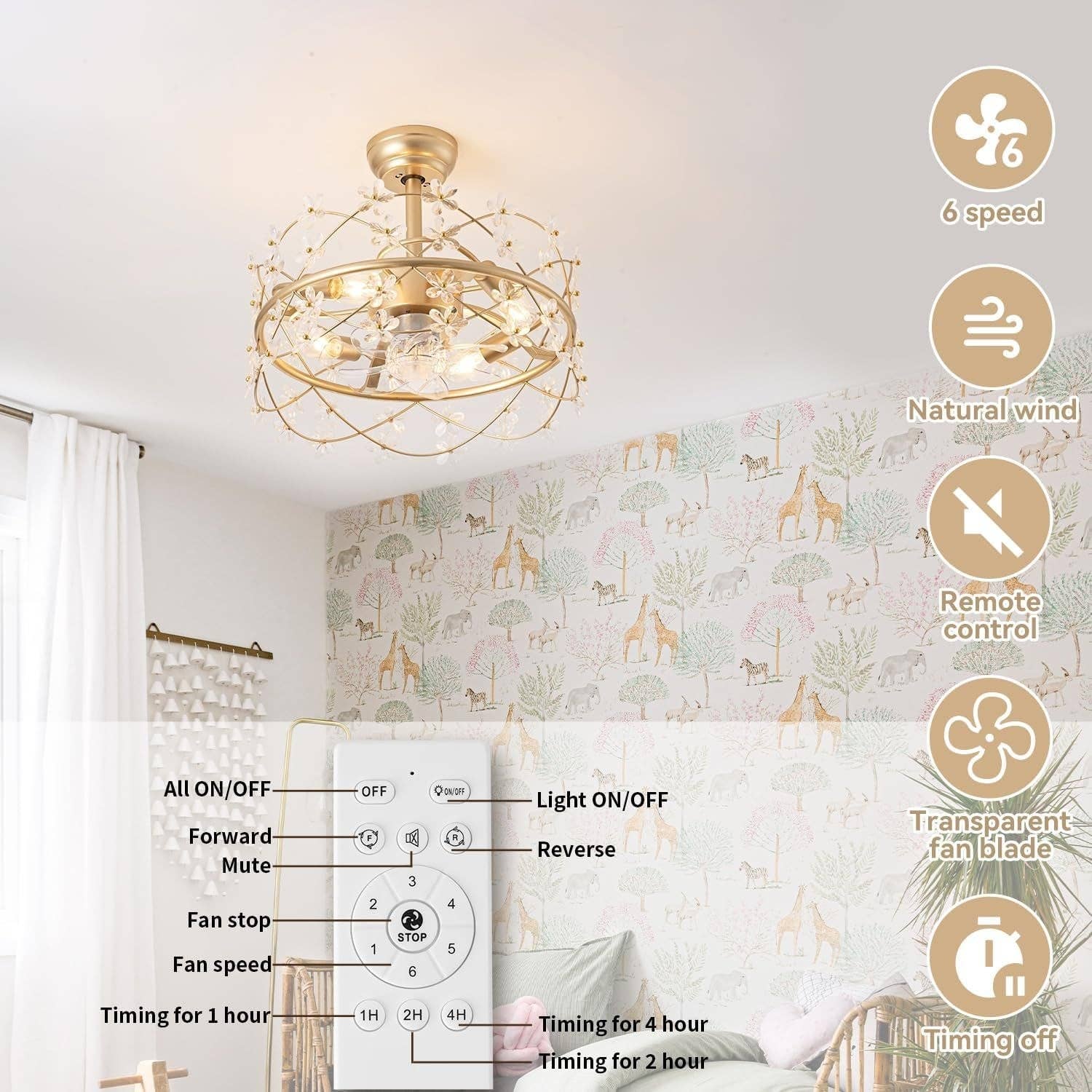 20 Inch Fandelier: Gold Caged Flower Ceiling Fan With Light
