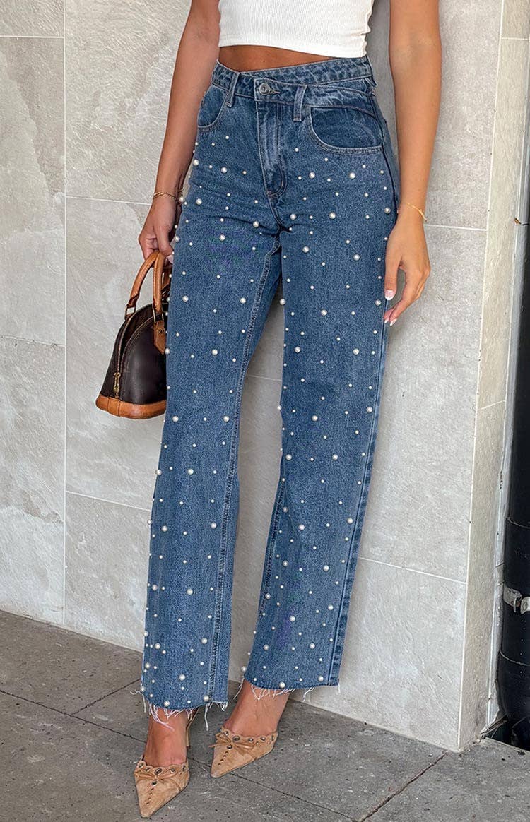 Cross Waist Beaded Straight Leg Jeans: Blue