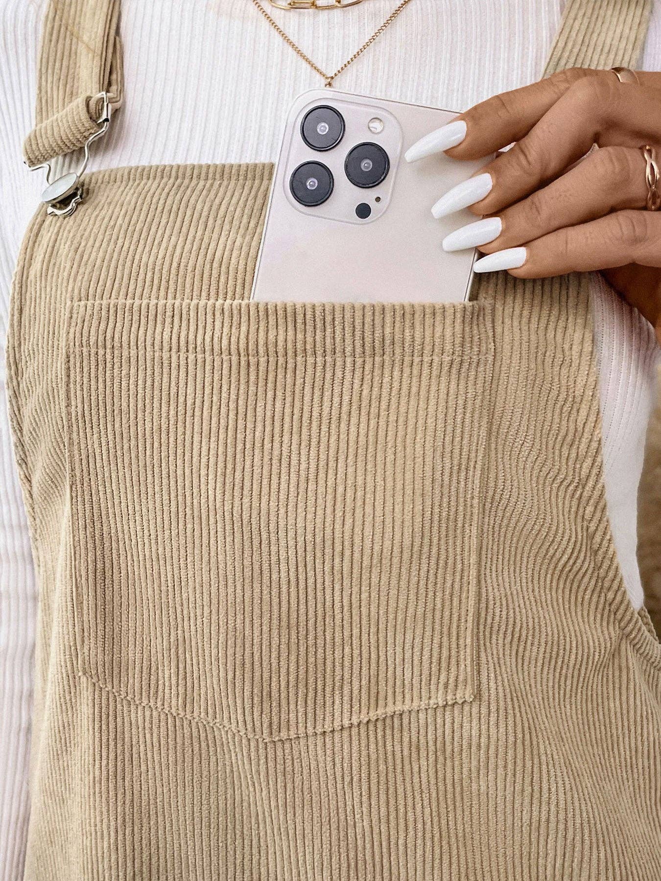 Corduroy Overall Dress with Pocket: Khaki