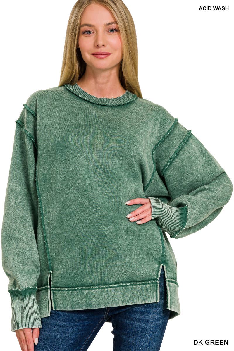 Acid Wash Exposed-seam Fleece Sweatshirt: BROWN