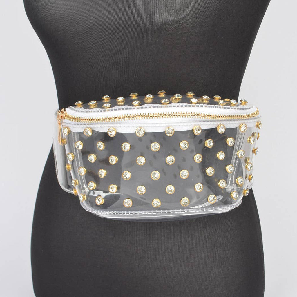 Transparent Rhinestone Studded Fanny Pack: Clear/Gold
