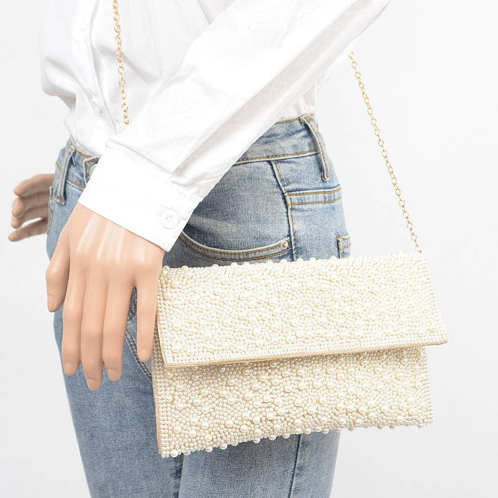 Faux Pearl Party Clutch: Fold Over Clasp
