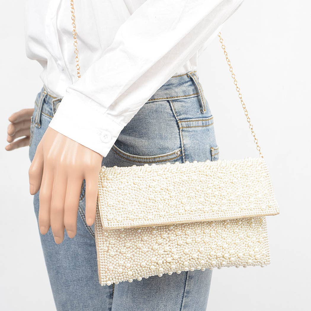 Faux Pearl Party Clutch: Fold Over Clasp