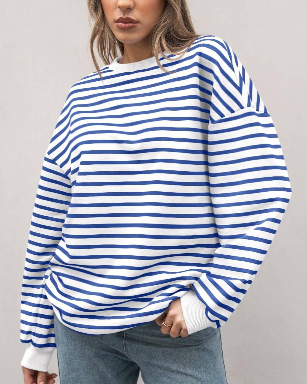 Striped Crewneck Thin Sweatshirt: Blue & White Stripe