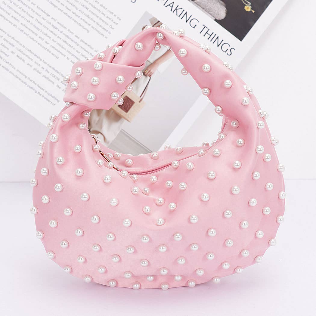 Faux Pearl Studded Satin Bag: Pink