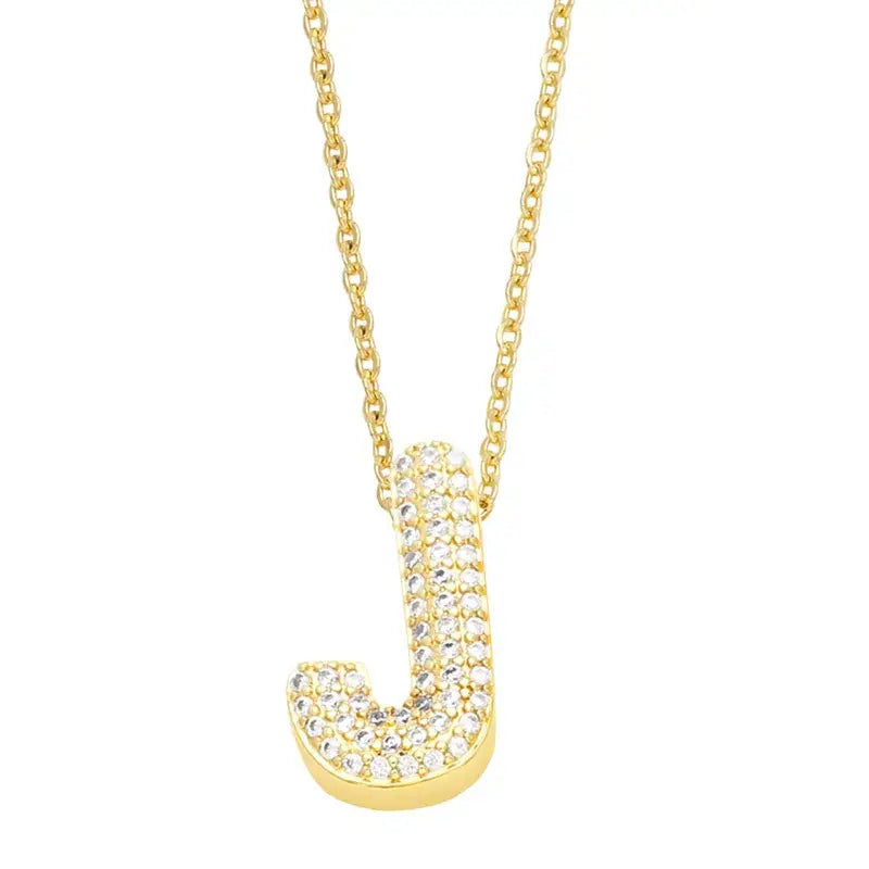 Gold Rhinestone Letter Initial Pendant Necklace: J