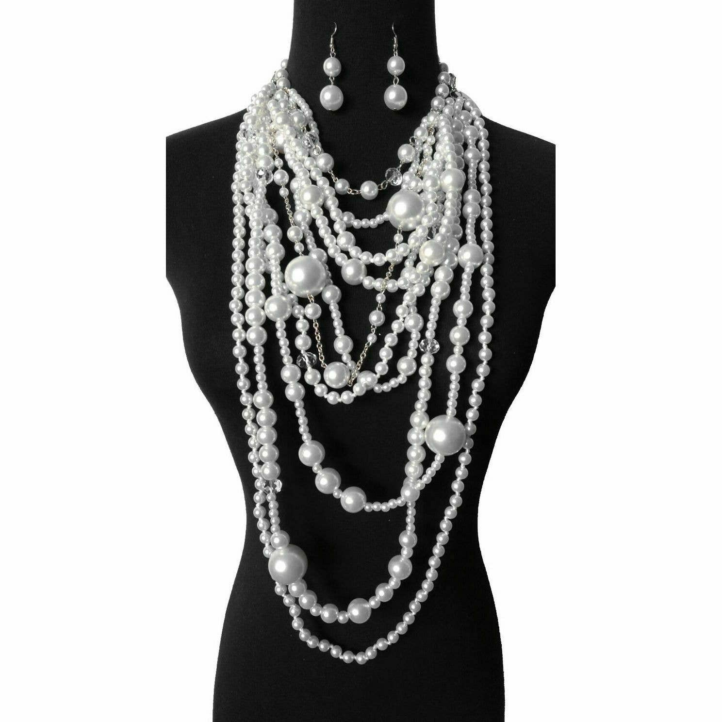 Chunky Multi-Layered Pearls Necklace Set: White