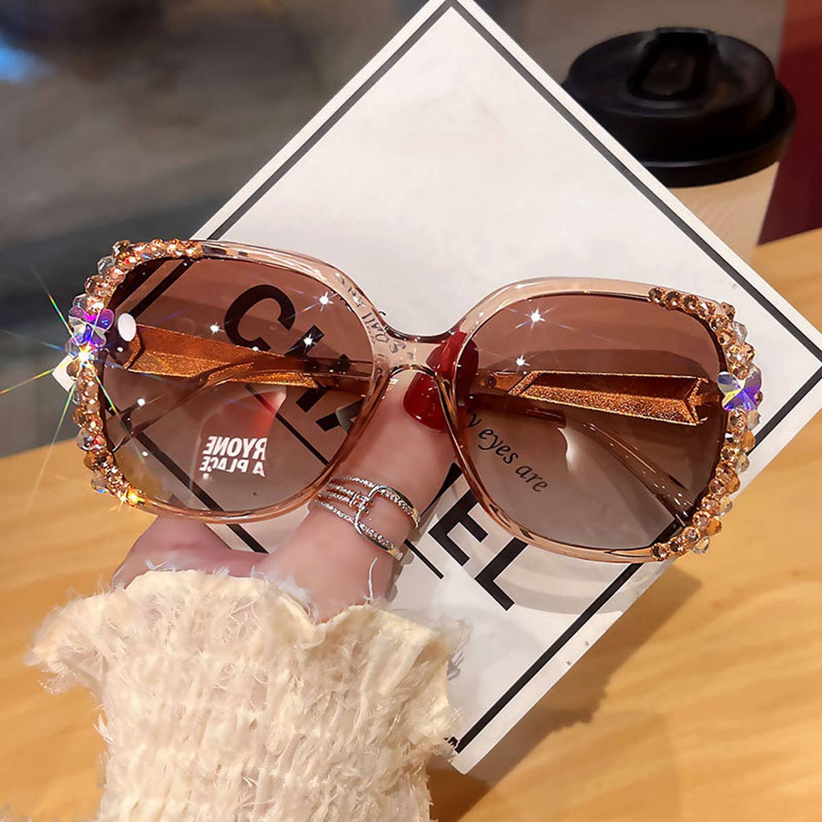 Rhinestone Polarized Sunglasses: Brown