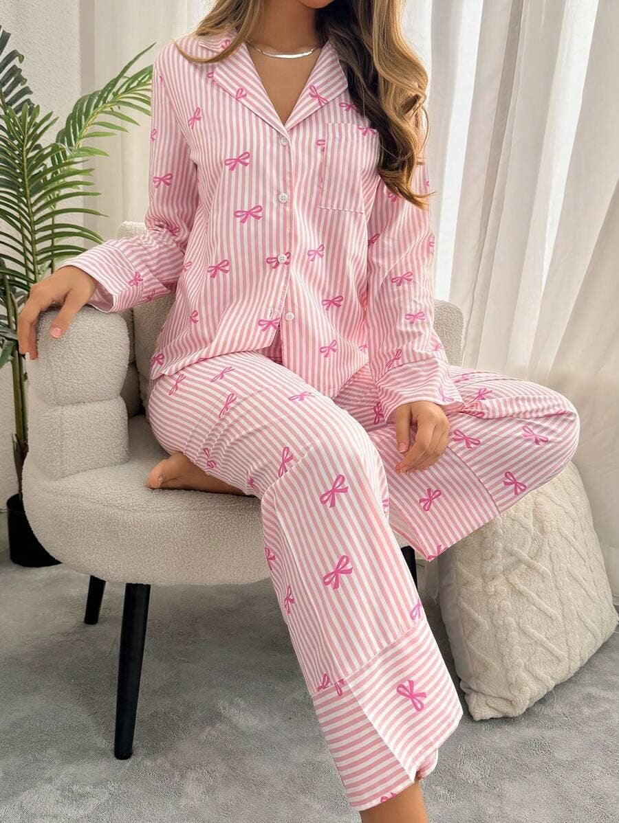 Striped Bow Print Long Sleeve Pajama Set: Pink