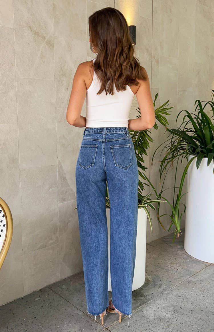 Cross Waist Beaded Straight Leg Jeans: Blue