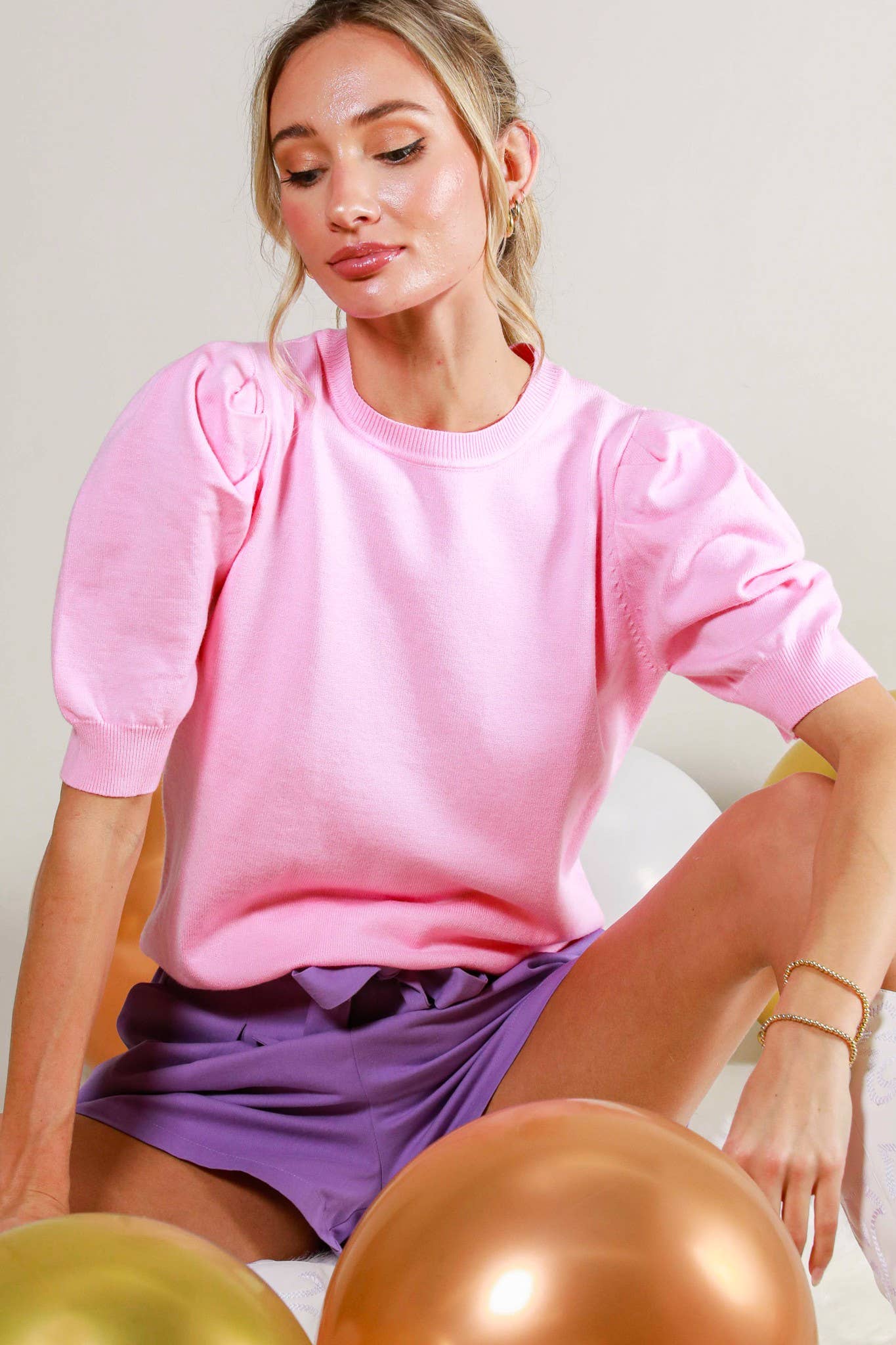Crew Neck Puff Sleeve Knitted Sweater: Light Pink