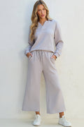 Collared Top and Wide Leg Pants Set: Light Grey