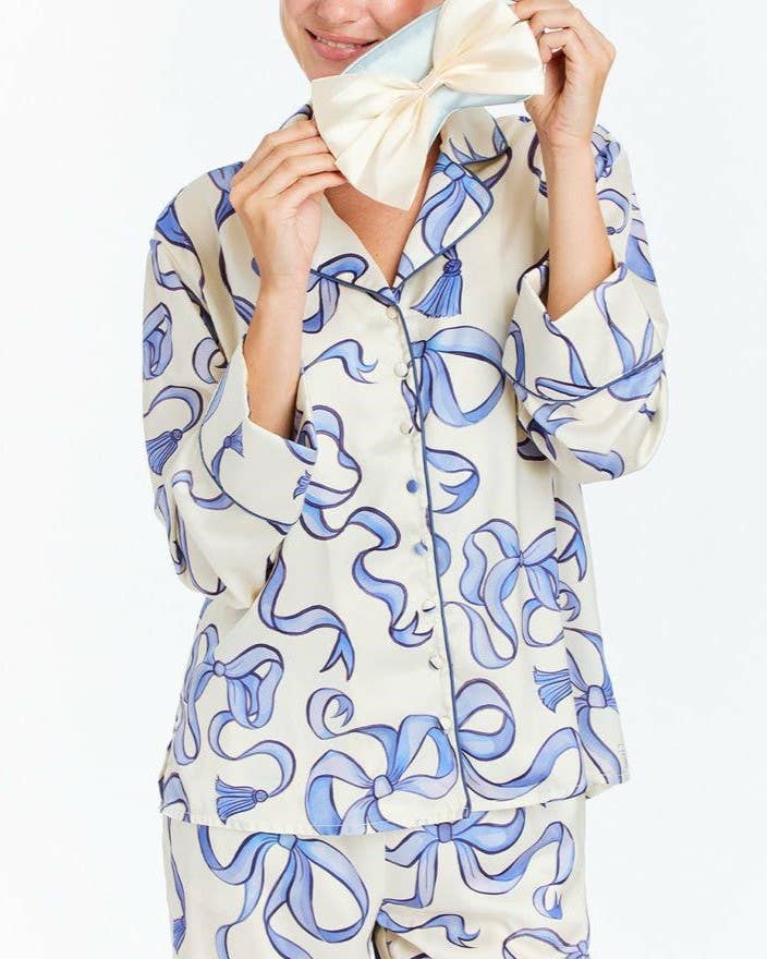 Bow Ribbon Long Sleeve Pajama Set: Blue