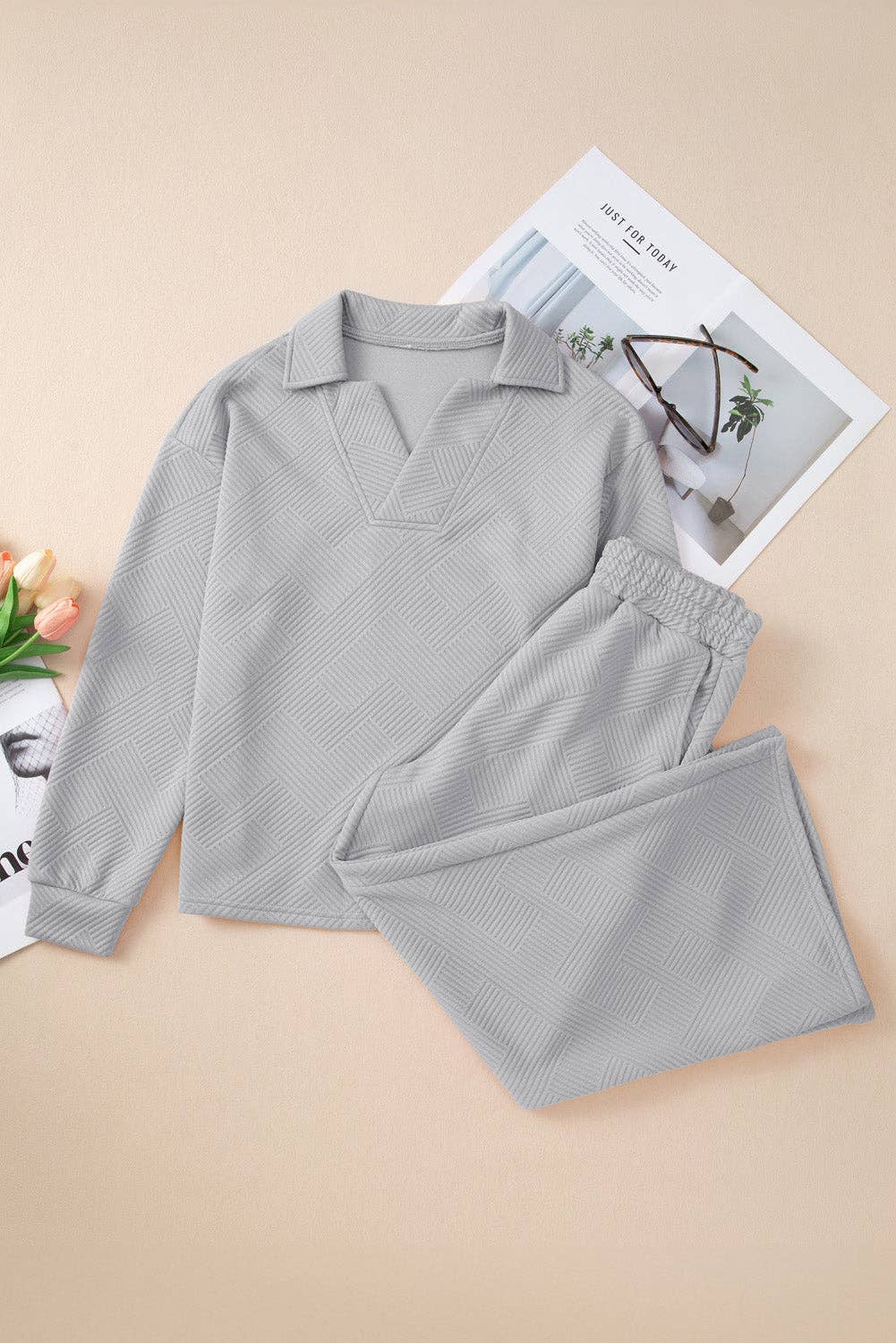 Collared Top and Wide Leg Pants Set: Light Grey