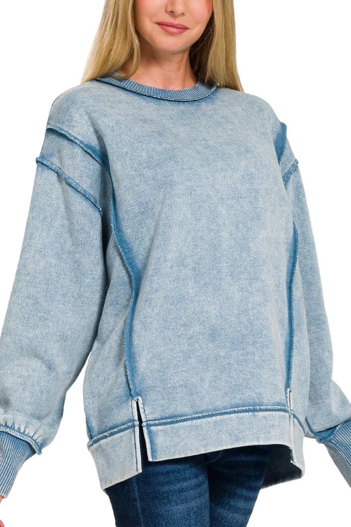 Acid Wash Exposed-seam Fleece Sweatshirt: BROWN