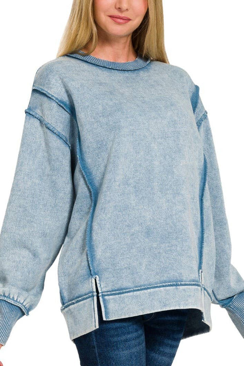 Acid Wash Exposed-seam Fleece Sweatshirt: BLACK