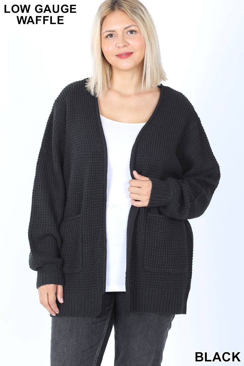 Plus Low Gauge Waffle Open Cardigan Sweater: Black