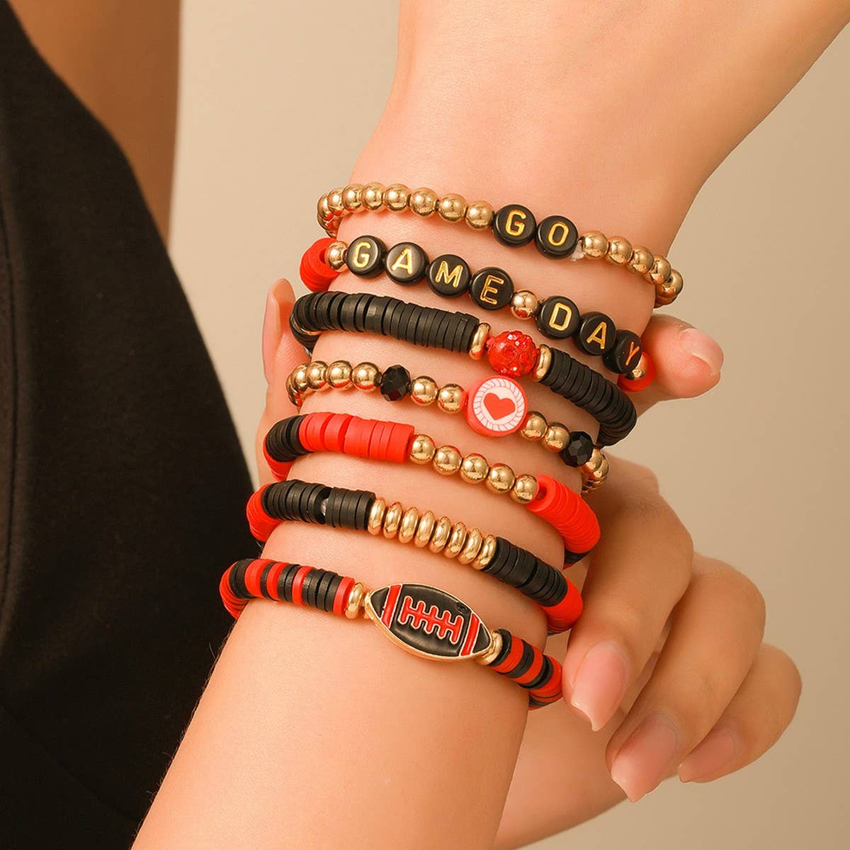 Football Soft Clay Bracelet Set: Red/Black