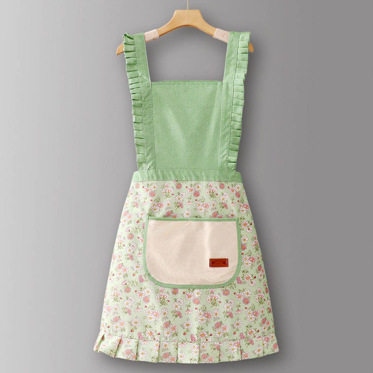Floral Canvas Apron with Straps: Green