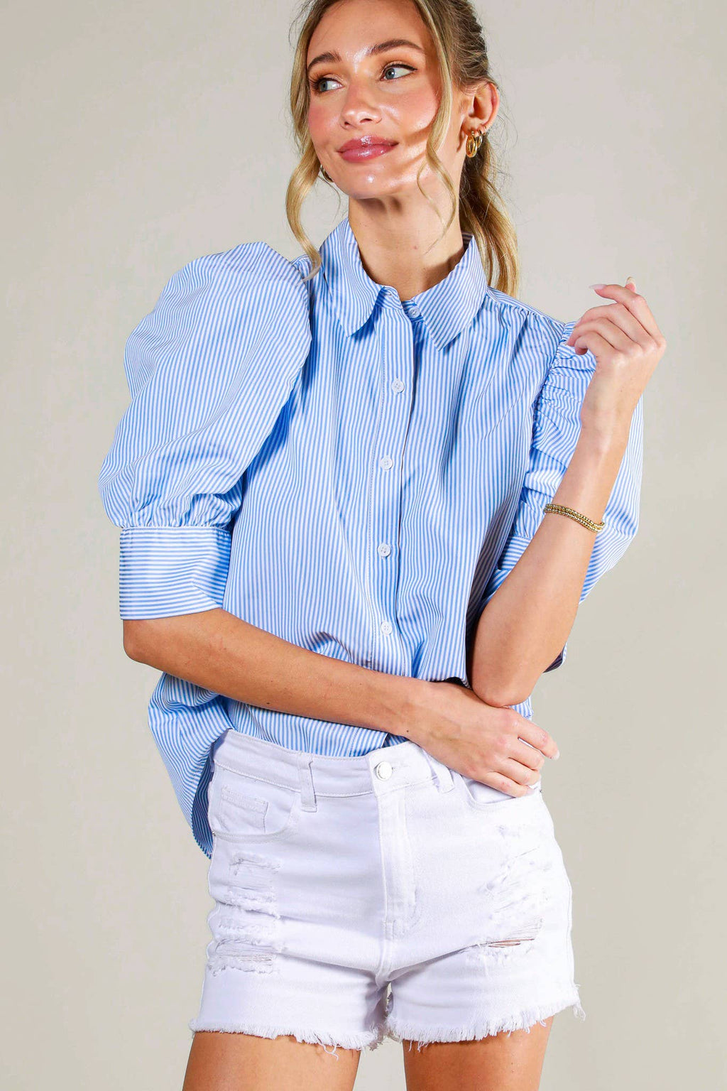 Collared Neck Short Puff Sleeve Striped Blouse: Blue