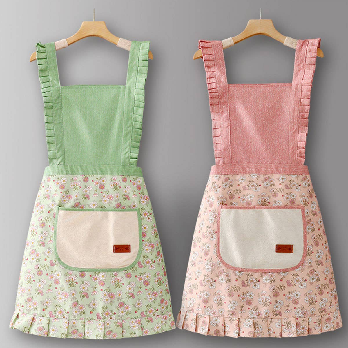 Floral Canvas Apron with Straps: Pink