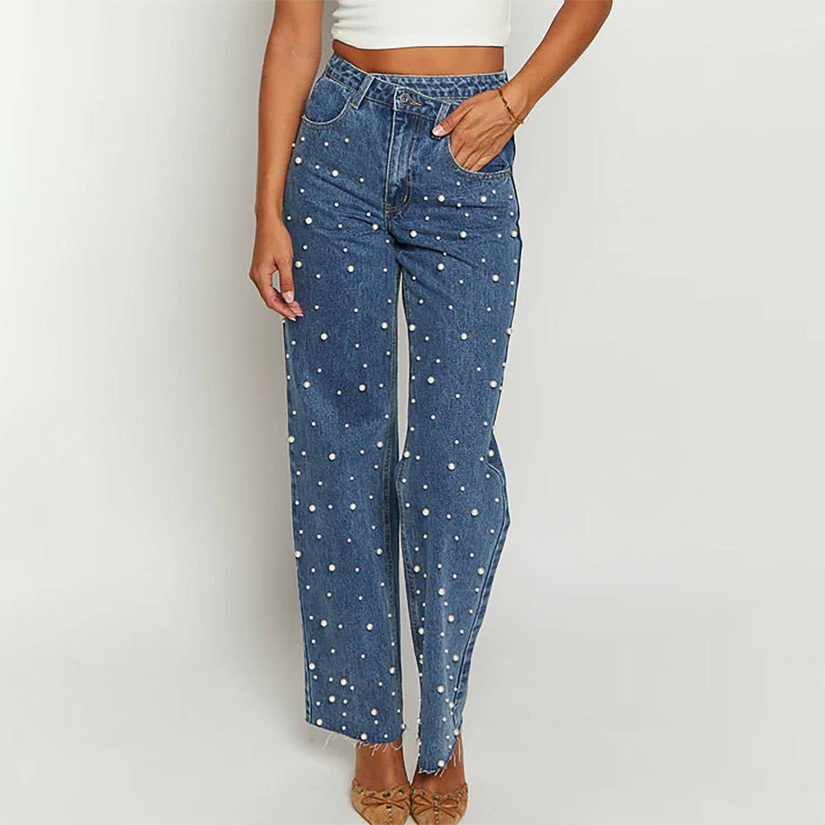 Cross Waist Beaded Straight Leg Jeans: Blue