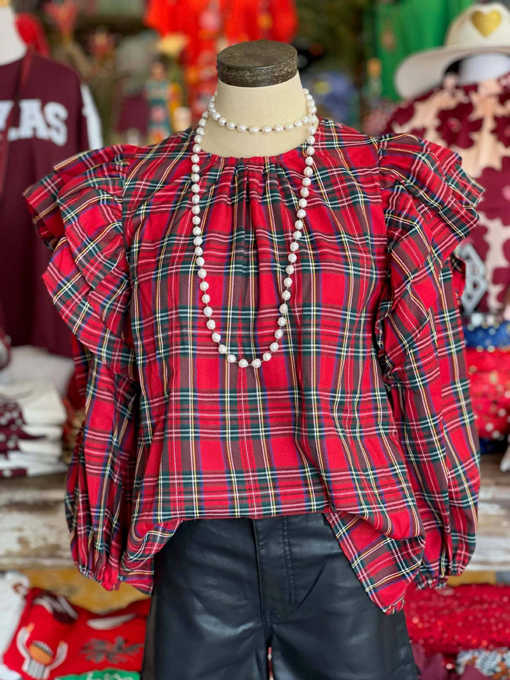 Christmas Plaid Ruffle Balloon Sleeve Blouse