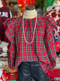 Christmas Plaid Ruffle Balloon Sleeve Blouse