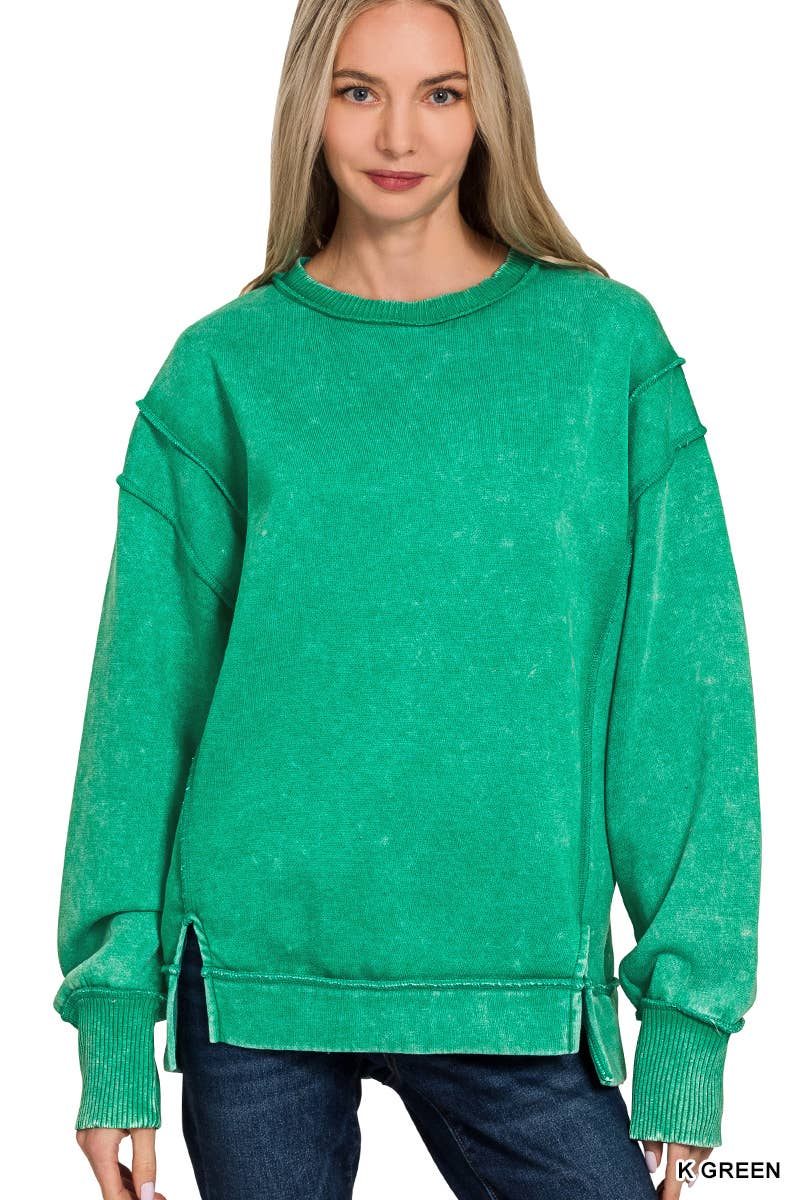 Acid Wash Exposed-Seam Fleece Sweatshirt: Kelly Green