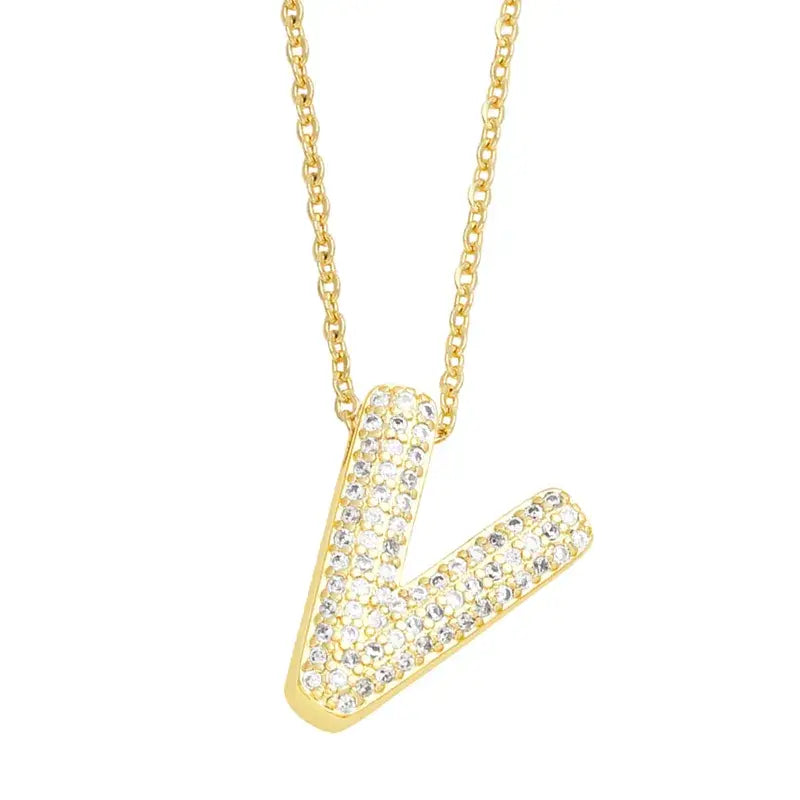 Gold Rhinestone Letter Initial Pendant Necklace: V