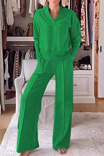 V-Neck Sweatshirt and Wide Leg Lounge Set: Green