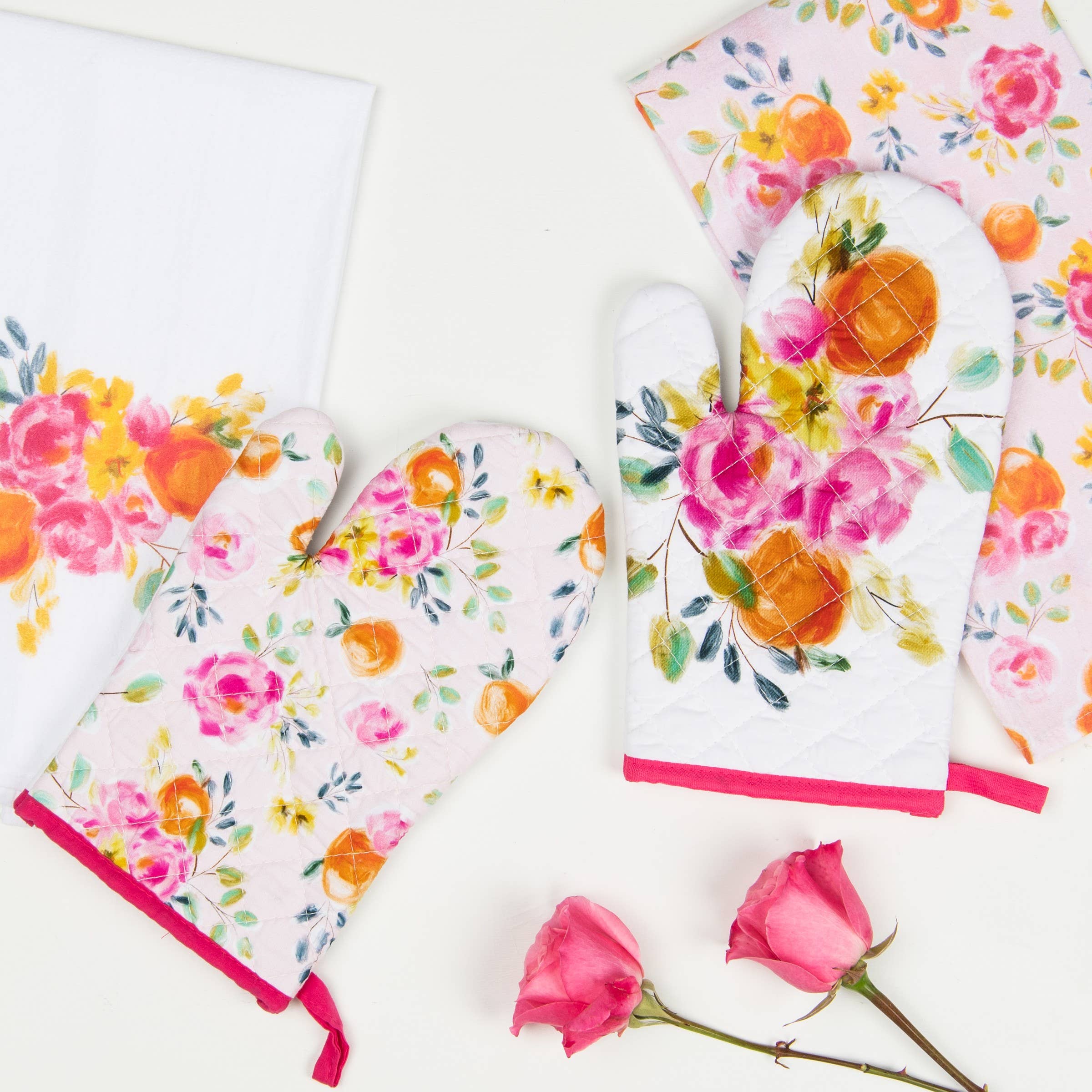 Pink Floral Mitt and Tea Towel Set of 2