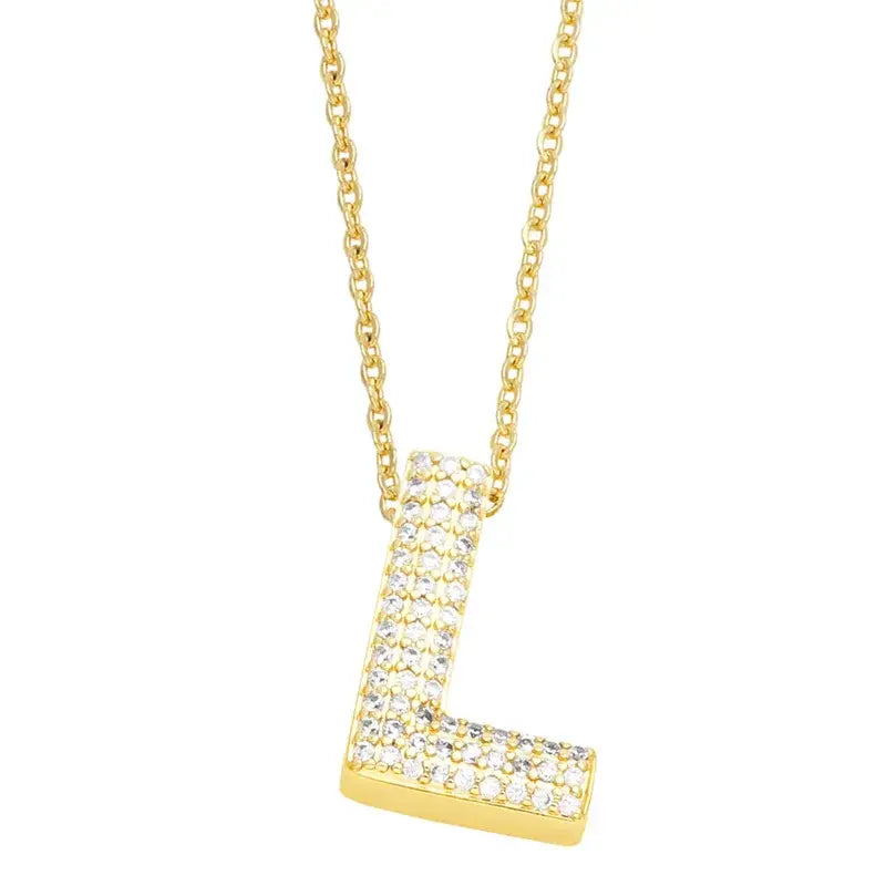 Gold Rhinestone Letter Initial Pendant Necklace: L