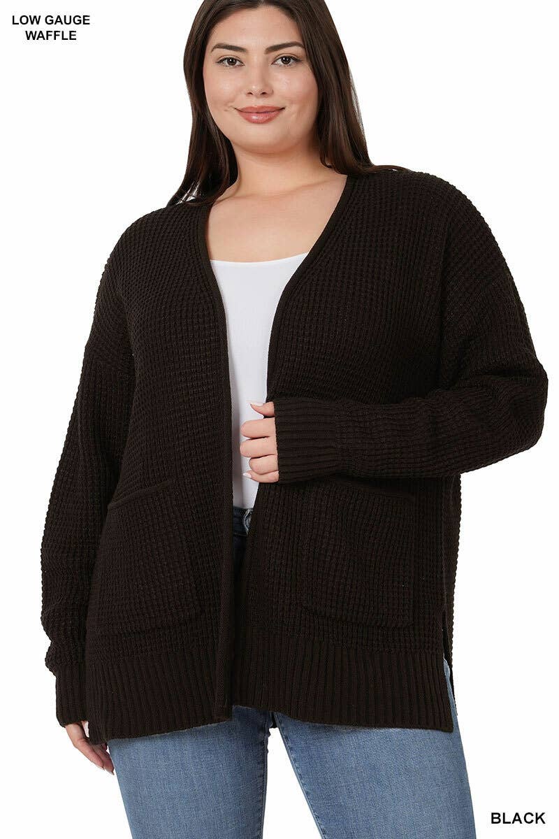 Plus Low Gauge Waffle Open Cardigan Sweater: Black