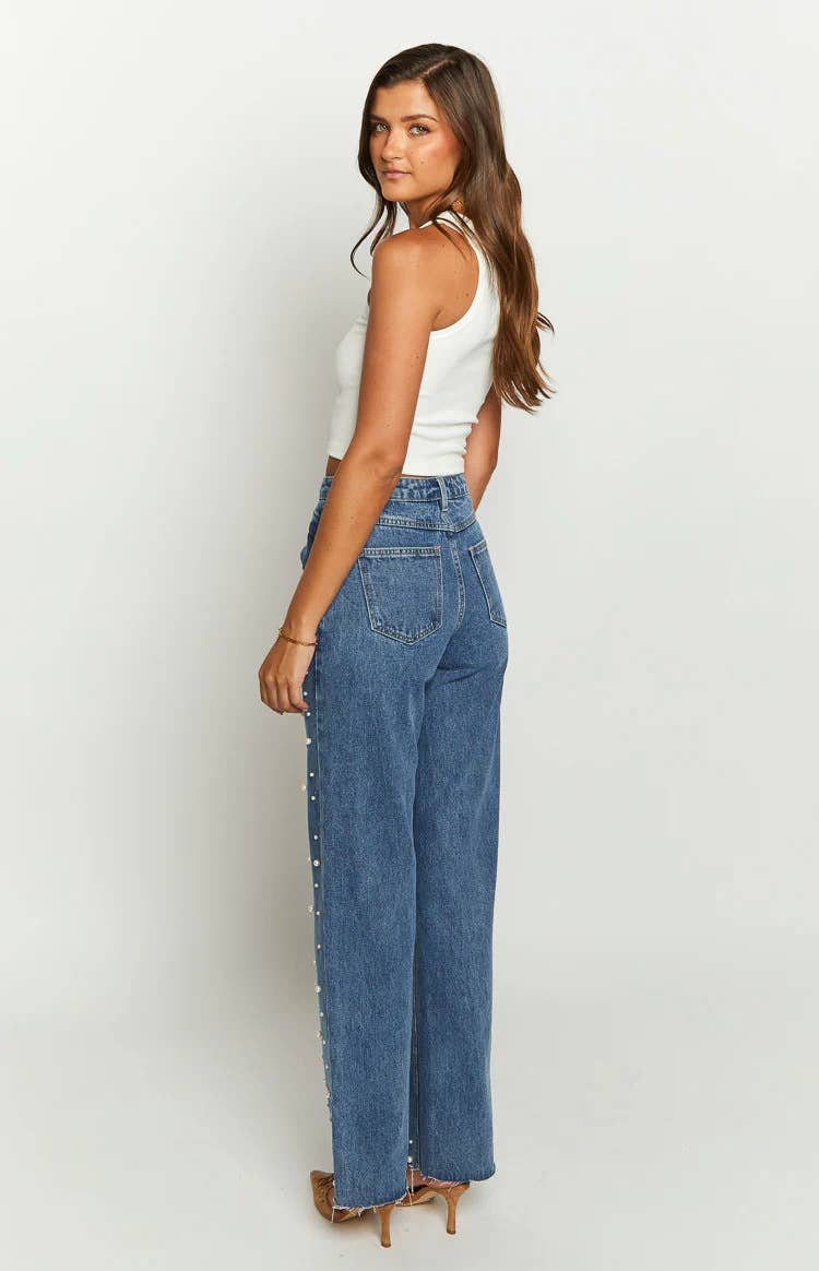 Cross Waist Beaded Straight Leg Jeans: Blue