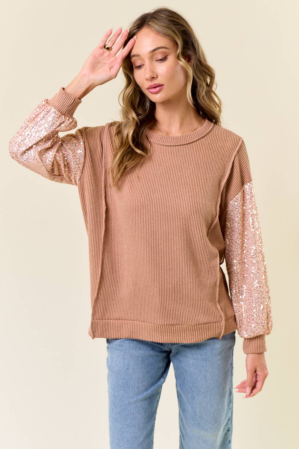Sara Sequin Top: Peanut Butter