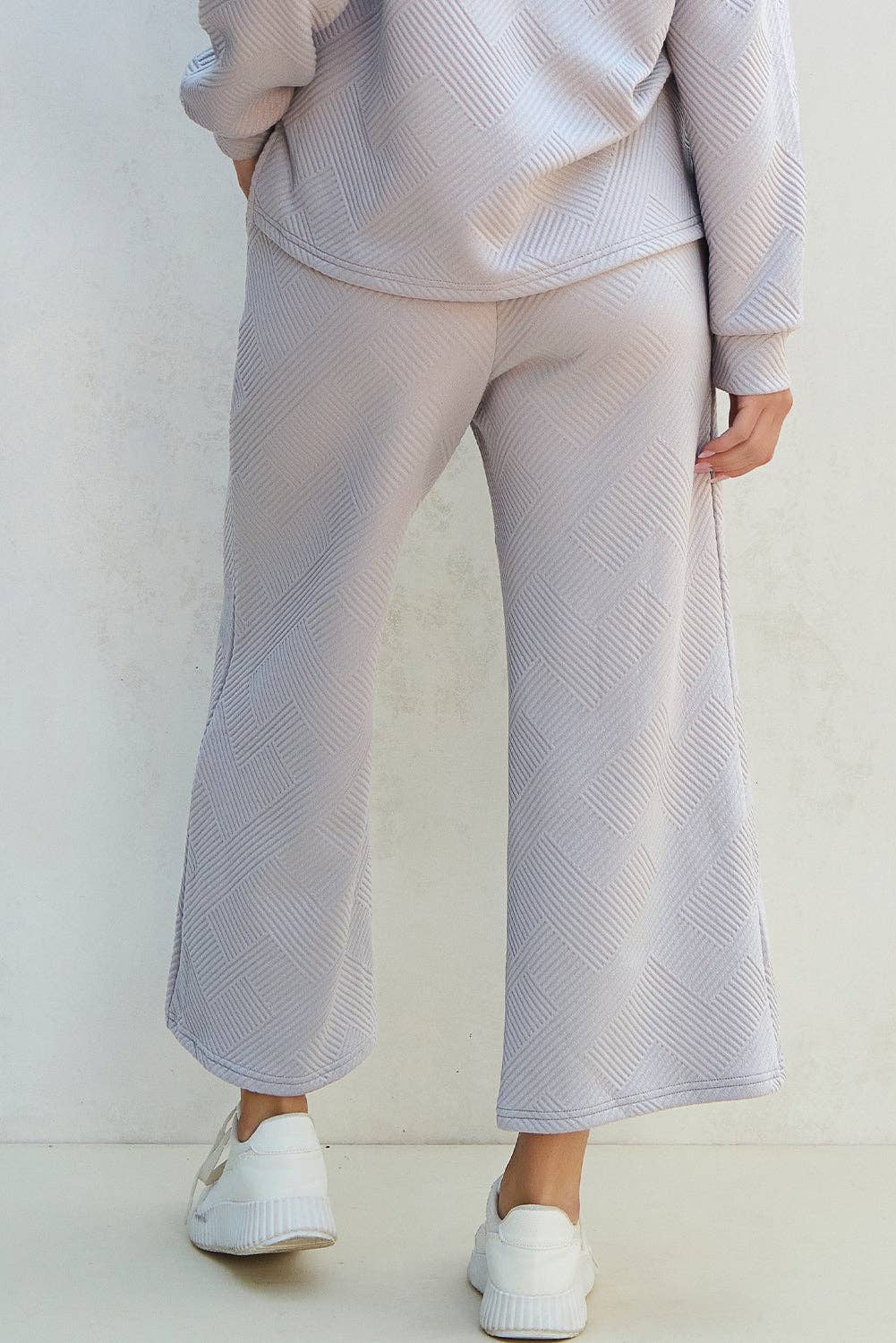 Collared Top and Wide Leg Pants Set: Light Grey