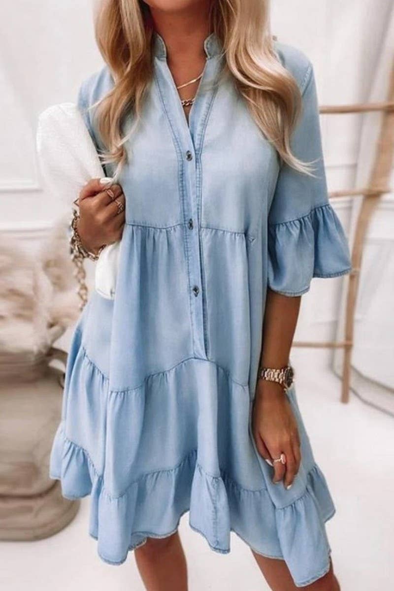 Short Sleeve Denim Shirt Dress: Light Blue