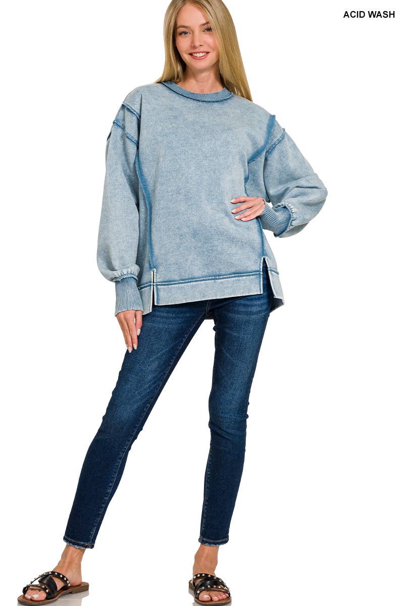 Acid Wash Exposed-seam Fleece Sweatshirt: BLACK