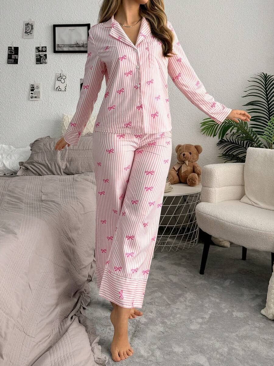 Striped Bow Print Long Sleeve Pajama Set: Pink