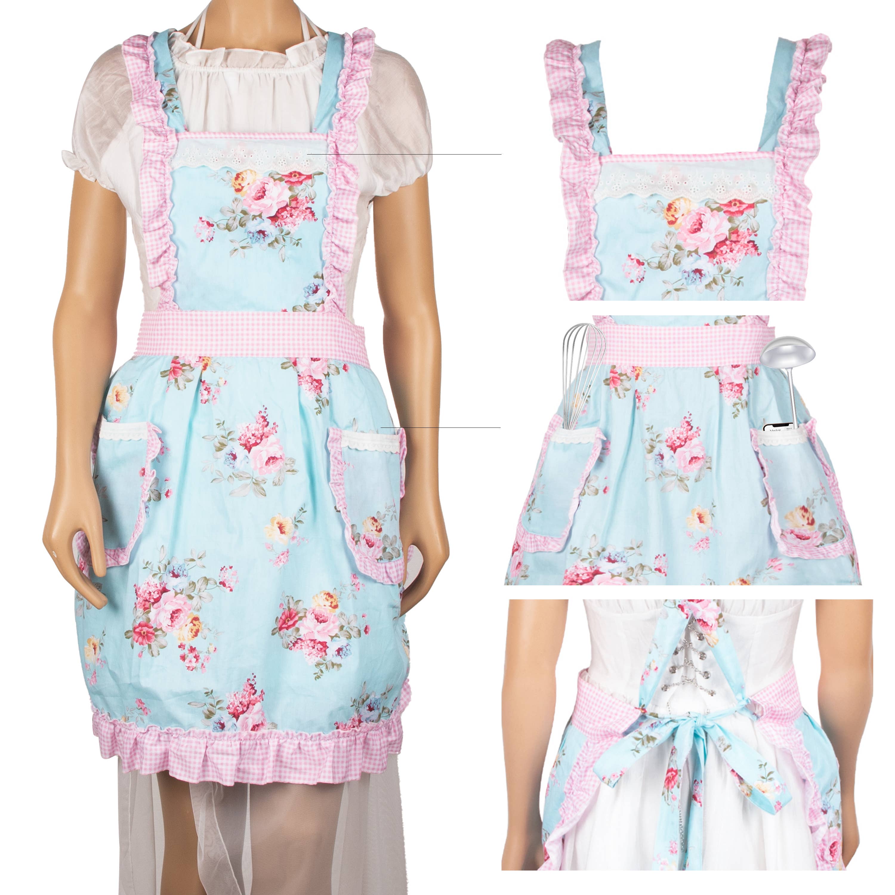 Apron With Pockets: Blue/Pink