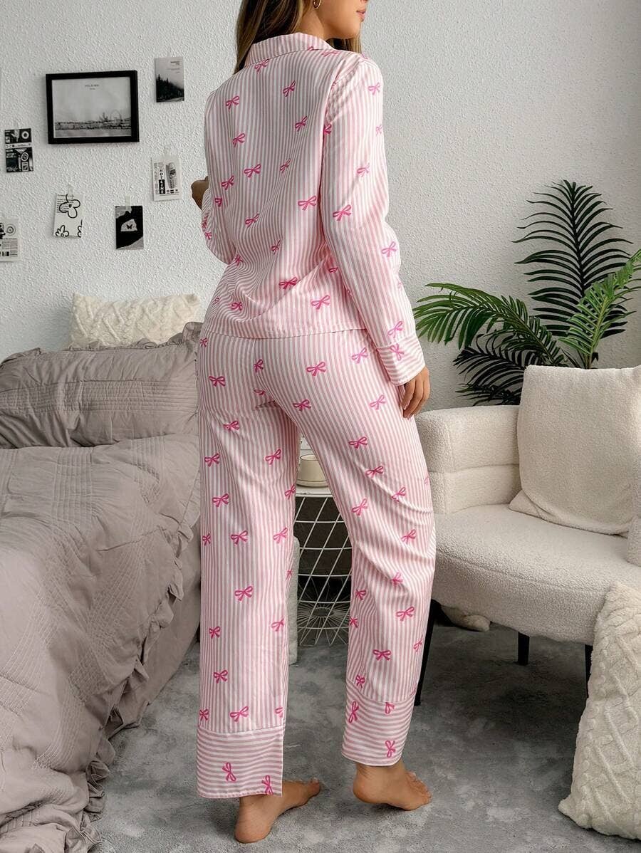 Striped Bow Print Long Sleeve Pajama Set: Pink