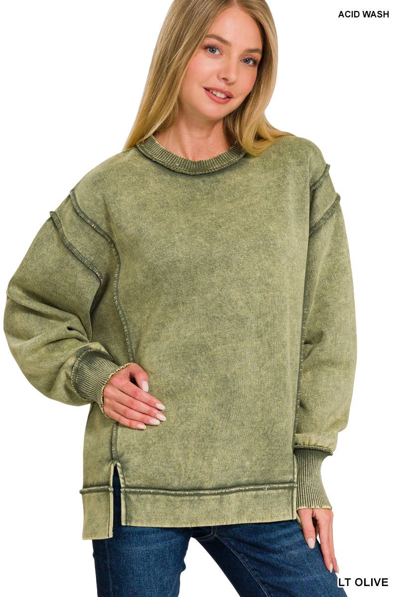 Acid Wash Exposed-seam Fleece Sweatshirt: BLACK