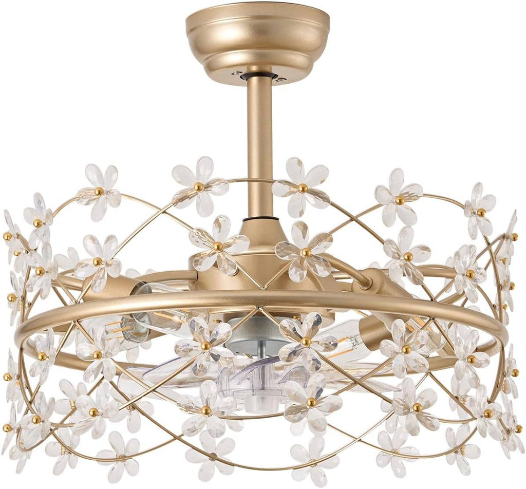 20 Inch Fandelier: Gold Caged Flower Ceiling Fan With Light