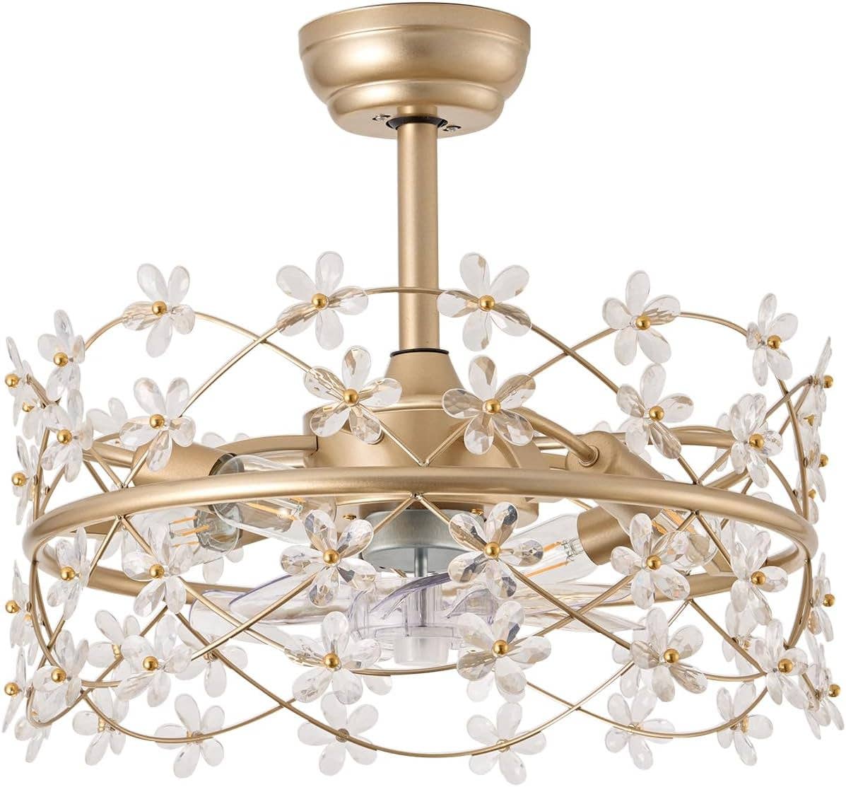 20 Inch Fandelier: Gold Caged Flower Ceiling Fan With Light