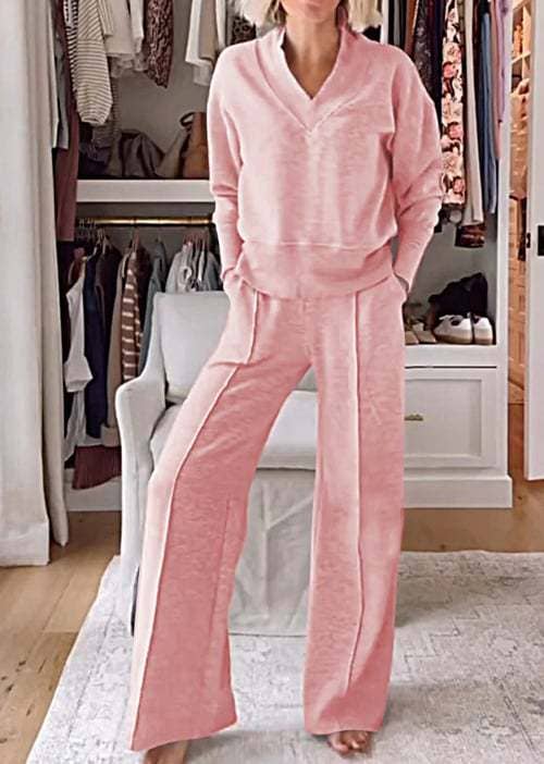 V-Neck Sweatshirt and Wide leg Lounge Set: Pink
