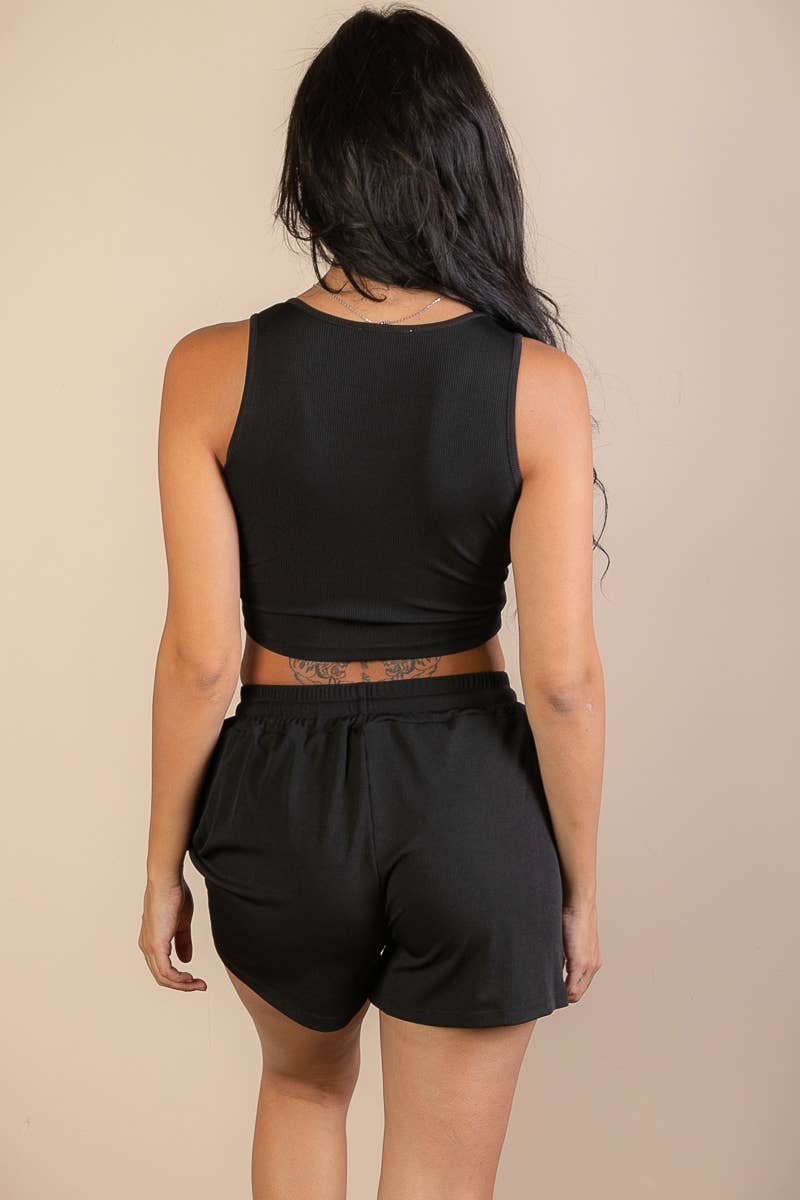Ribbed Crop Tank Top & Shorts Set: Black
