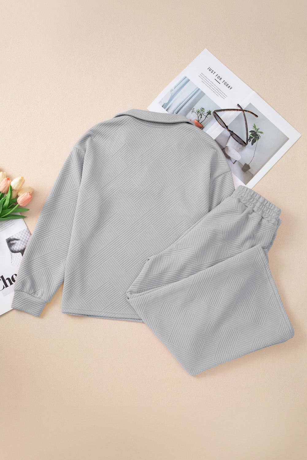 Collared Top and Wide Leg Pants Set: Light Grey