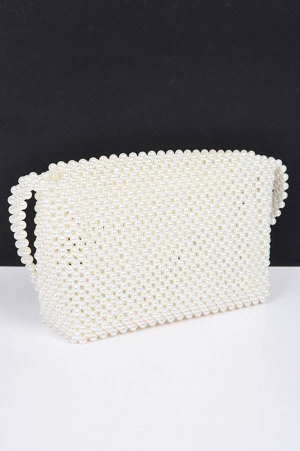 Faux Pearl Bead Flap Shoulder Bag: Cream